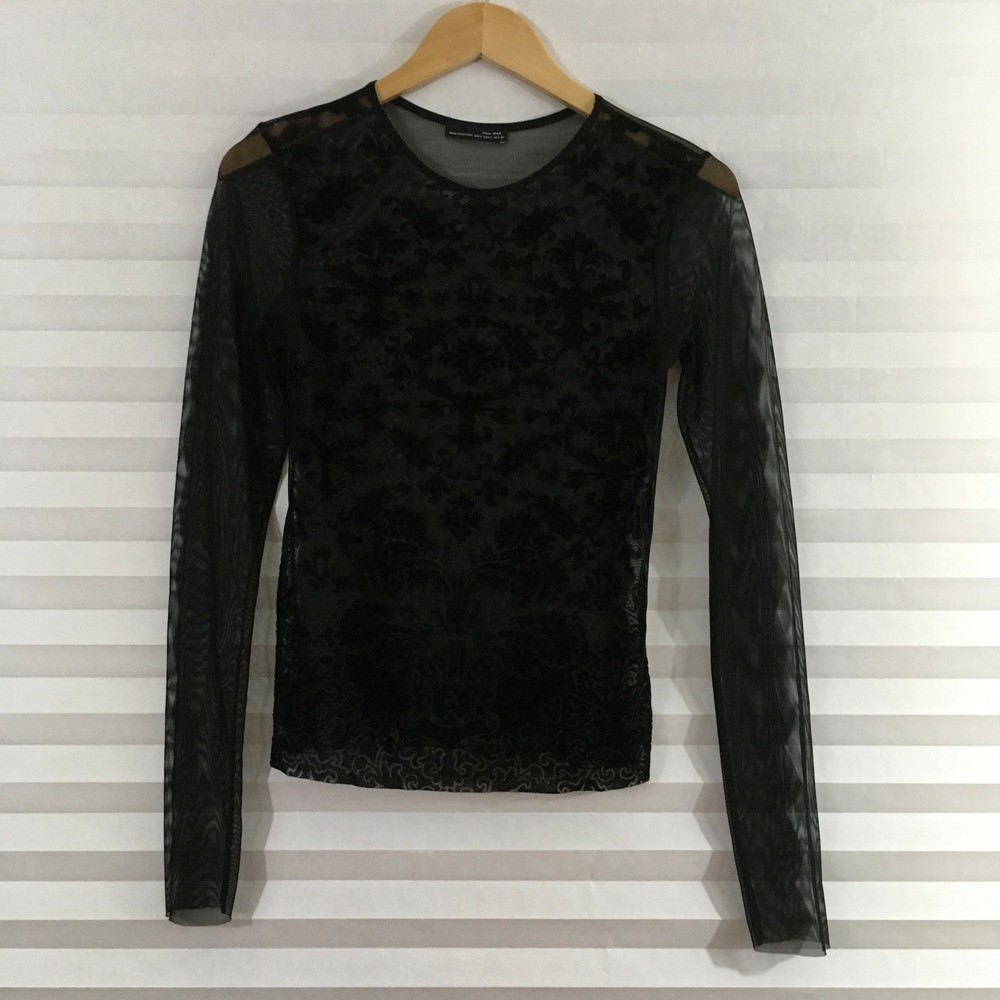 ZARA W&B Womens Blouse Top Size S Sheer Black Long Sleeve Pull On Floral Pattern